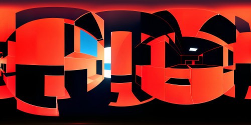 Masterpiece, ultra high-res VR360, bold palette, red-black sky, unclouded, Mementos from Persona 5 style, far-off view, VR360. Contrasting color scheme, dreamlike details, striking Persona 5 elements, artistic representation.