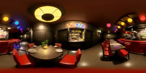 game five night at freddy's restaurant, with u.s. 90s fast food style creepy dark light. with a scary mechanical dark brown teddy bear