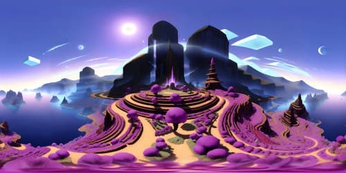 Ender Realm allure, obsidian pillars, scattered ender pearls, floating end islands. Giant Ender Dragon, dapples of purple "end" particles. VR360 view, ultra high-res, monumental composition. Style: pixelated, blocky Minecraft aesthetics. VR360 masterpiece in the Ender Realm.