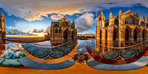 A stunning, flawless cathedral at golden hour, intricate stained glass casting colorful hues on polished marble floors, a masterpiece of architectural artistry in unparalleled ultra-high resolution.