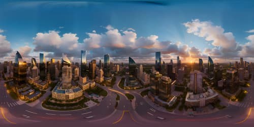 Masterpiece VR360, ultra high-resolution, Oklahoma City skyline, eye-catching skyscrapers. VR360 sunset, radiant colors, intricate cloud patterns, silhouette structures. Digital painting style.
