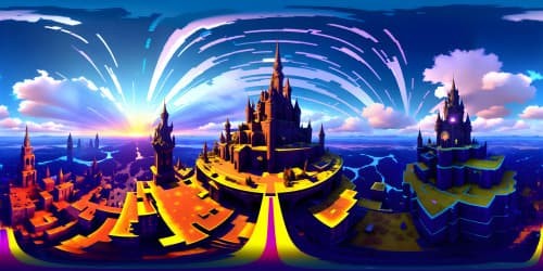 Masterpiece castle, intricate gargoyles, soaring ramparts, gothic spires piercing sky. VR360 vista - Pixaresque style, saturated hues, distinct edges, soft textures. Encompassing clouds, pastel gradients. VR360 experience, immersive, ultra high res, dignified regality.