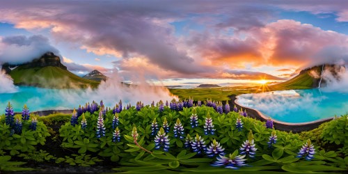 A flawless ultra-high-resolution depiction of an Icelandic summer vista under a serene morning fog, reflecting vivid aqua hot springs, with vibrant lupine flowers and distant highland mountains set against a stunning sunrise on the wide, open horizon.