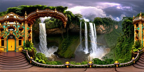 Perched atop a towering cliff, a flawless house overlooks cascading waterfalls amidst a lush tropical forest, electrified by a breathtakingly dramatic thunderstorm, depicted in ultra-high resolution detail.