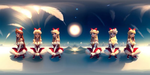 Quintet of middle-aged princesses in white fur, gold hoops, red lip gloss glow, VR360 intricate detailing, ultra-high resolution. One clutching long white feather, blue-eyed enchantress, duo with blonde hair, duo with fiery red locks. Squatting, arms aloft in VR360 panorama, minimal close-up on armpit. Skybox backdrop of ethereal pastels. All painted with a Pixar-style flourish.