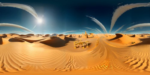 Desert city elements, skyscrapers of varying heights, bio-domes amid sand dunes. Swirling sand trails, glinting sunlight on glass and metallic surfaces. Scattered, sun-bleached ruins, groves of desert-adapted vegetation. VR360 view, opulent details, masterpiece cityscape. Surreal art style, ultra high res VR360 panorama, decadent hues, stark chromatic contrast. Sand-grain precision, subtle tone gradients,