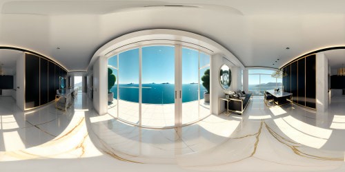 VR360 showcase: sleek ultra-modern architecture, reflective marble floors, opulent crystal chandeliers dangle above, panoramic windows offering limitless vistas. Glamorous color palette, glossy metallic accents. Style: hyper-realistic, cinematic quality, high-definition precision.