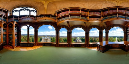 inside a large victorian library featuring bookcases behind a desk with a pile of books. in distance an arched window looking out to a stunning view across a large university campus with a woodland in the distance.