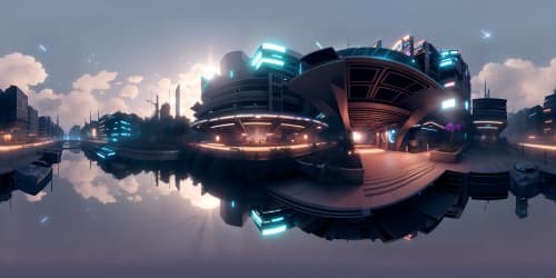 Stellar cityscape, sunlit canals, sparkling rivers, orbital waterfronts, VR360 celestial dawn. Premium quality VR360 digital art, intricate detailing. Vast, skyward metropolis, interstellar sunrise. Refined, ultra high-resolution, digital art masterpiece.