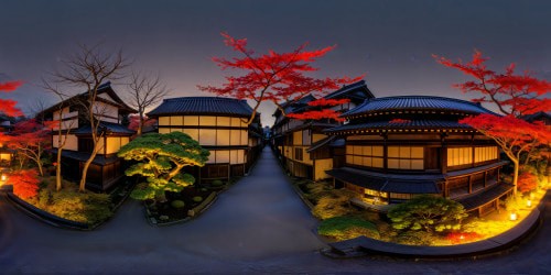 Expansively panoramic Edo period Kyoto Japenese garden at night, in Autumn. With cozy warm toned and glowy. Emaculately detailed landscaping. Deep warm toned color palette, with deep reds, magentas, browns, and deep orange-yellow tones. Warm feverish aesthetic.