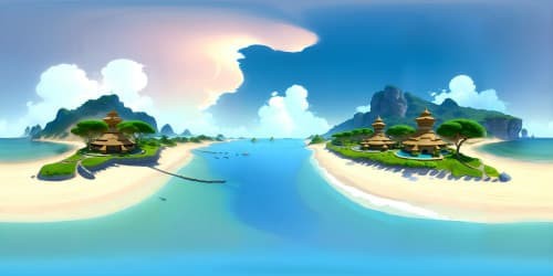 Masterpiece, VR360, ultra-high res, serene Asian shoreline, haphazardly placed bamboo parasols, complex sand topographies, subdued pastel spectrum. Enhanced VR360 vista, limitless horizon. Interpreted in watercolor-style, intricate textures, refracted luminosity.