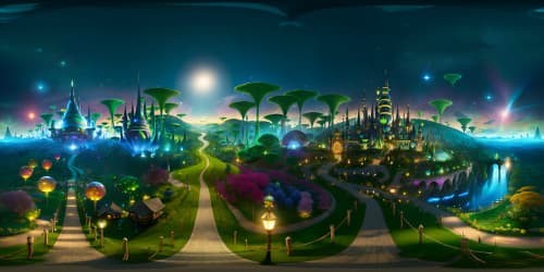 Ultra-high res VR360, masterpiece-style, Emerald City from Wizard of Oz at night, glistening green spires, iridescent domes against starry skies, winding Yellow Brick Road stretching toward horizon, subtle glow emanating from city, VR360 vastness of surrounding Land of Oz