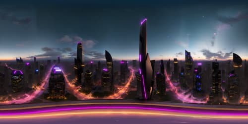 Masterpiece-grade, ultra-high-definition VR360. Majestic structures puncturing the night's canvas. Magenta and azure twilight tones. Luminous metropolis, glittering celestial bodies, VR360 cosmopolitan horizon.