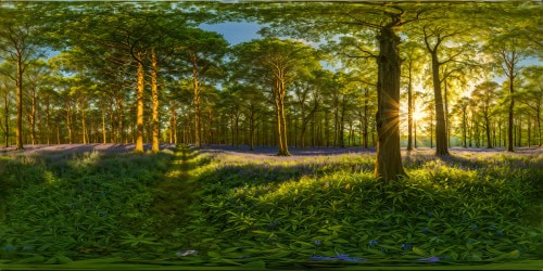 A flawless, high-resolution depiction of a majestic bluebell woodland, bathed in golden sunlight filtering through lush green leaves onto a tranquil glade where fallow deer peacefully graze, a masterpiece of serene beauty captured in ultra high res detail.