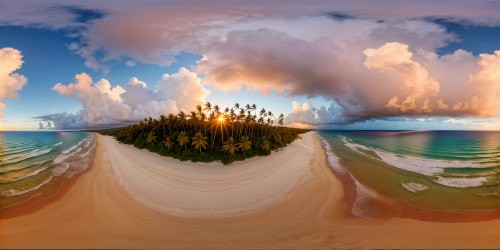 A flawless, ultra high-resolution image of an untouched beach at the seaside, capturing the blonde girl in a red swimsuit standing gracefully, enveloped by a heavenly sky, with swaying palm trees lining the pristine shore.