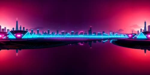 Ultra high-res VR360 midnight city skyline, oceanfront perspective. Surreal Red light district, neon-lit, tranquil water reflections. Fantasy-style VR360, luminescent, ethereal sky. Expansive serenity, unimpeded view.