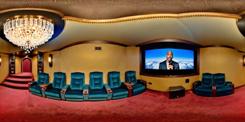 A luxurious home theater exudes warmth, with plush velvet seats bathed in golden light from a crystal chandelier, showcasing a state-of-the-art screen displaying Dave Chappelle's comedy specials in crisp detail.
