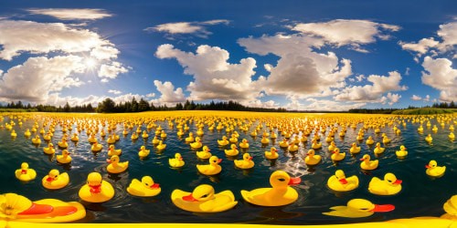 A flawless, hyper-realistic scene showcasing a serene pond filled with countless tiny yellow ducks adorning cute floating duck-shaped swimming rings, reflecting the vibrant hues of a perfect, sun-drenched afternoon.