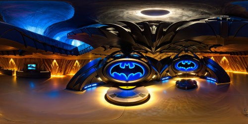 Massive, flawlessly detailed Batcave of Batman, intricate high-tech equipment, gleaming metallic surfaces under ambient blue lighting, bat signal casting a dramatic silhouette across the cavernous space.