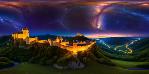 An immaculate valley bathed in the ethereal glow of a starlit night, twin medieval castles casting majestic silhouettes against the shimmering tapestry of twinkling stars, forming a flawless, ultra high-resolution masterpiece.