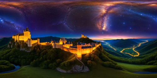 An immaculate valley bathed in the ethereal glow of a starlit night, twin medieval castles casting majestic silhouettes against the shimmering tapestry of twinkling stars, forming a flawless, ultra high-resolution masterpiece.