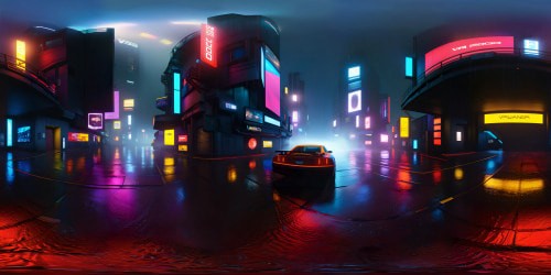 VR360 ultra high-res masterpiece. Rain-soaked streets, neon lights shimmering off wet asphalt. High-tech dystopia, airborne cars skimming past glowing hover billboards. Striking hues, hyper-realistic textures. Blade Runner-inspired VR360 scene, intense colors playing off dark cityscape.