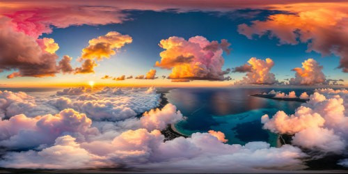 A flawless ultra-high-resolution masterpiece portraying a panoramic sunset seascape, with cotton-candy-pink clouds blending into the horizon above flawless azure waters, evoking a sense of tranquility and wonder in breathtaking detail.