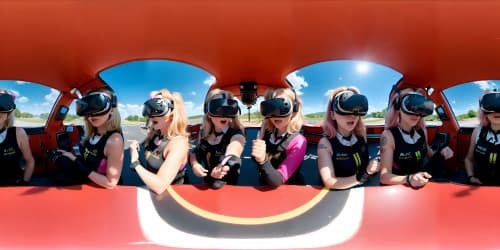 five teachers in a circle,wearing pink leotards,blonde,squatting,pink eyes,armpit closeup,arms up,eye contact