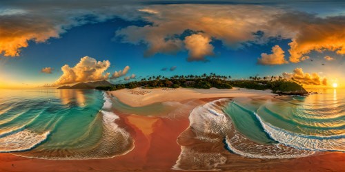 A pristine, flawless tropical beach at sunset, with golden sand, crystal-clear waters, palm trees silhouetted against a vibrant orange sky, seagulls soaring, and gentle waves lapping the shore.