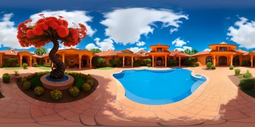 VR360 Picasso-style Spanish hacienda, ornate ironwork, clay-tile roofs, stone fountain center focus. Evening light, ethereal glow, bougainvillea bloom. VR360 ultra-high-resolution masterpiece, expressive brush strokes, unparalleled finesse, textured details, best quality.