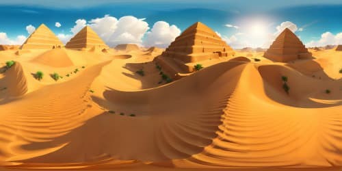 Pyramid silhouette, VR360 golden sand dunes, sunlit ambiance. Egyptian royal regalia, princess crown, ancient artifacts. Impressionist style detailing, VR360 masterpiece, ultra high resolution.