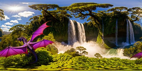 An uncharted, vibrant jungle housing a majestic purple dragon in tranquil repose, enveloped by towering ancient trees, glistening waterfalls, vibrant blooms, and sunlight dappling through the verdant canopy, forming an ultra high-resolution masterpiece exuding serenity and mythical grandeur.