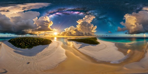 A pristine white sand beach under a mesmerizing galaxy-studded sky, where ethereal fairies dance with graceful sea turtles amidst the ultrahigh-resolution magic, a scene exuding pure artistic perfection.