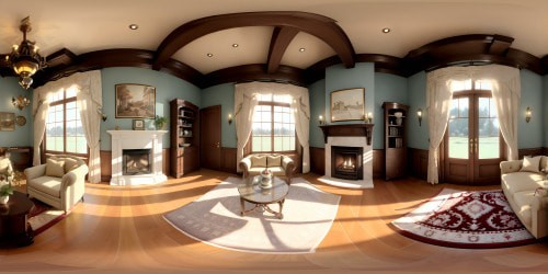 Ultra-high resolution VR360 masterpiece: Warm hues of vintage 1920s country parlor, plush velvet armchairs, mahogany table, ornate porcelain tea set. Fireplace detailing, rustic wooden beams, intricate lace drapes. Style - detailed realism mixed with Pixar-style softness. VR360 - quaint, cozy, touch of nostalgia.