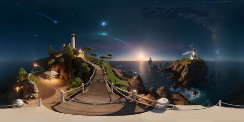 lighthouse on tiny island surrounded by deep blue sea with crashing waves at night with clear sky and shooting stars skyview