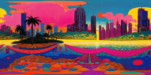 A hyper-realistic, ultra high-resolution depiction of a futuristic vaporwave-infused Simpsons metropolis, with towering skyscrapers mirroring iridescent tones, neon palm trees dancing in the breeze, and a radiant pink sunset enveloping the retro skyline in a flawless, pixel-perfect vision.