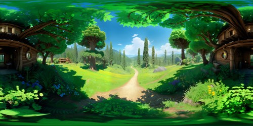 VR360 view: ultra-high-res masterpiece, expansive emerald meadow, sprinkling of colossal redwoods. Fantasy-art style eco-retreat, undulating grass, light-dappled scenery. VR360 realm: Pixar-style detailing, vivid, crisp colors.