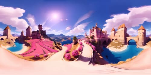 beautiful castle pink roses dragons flying in cear blue sky 