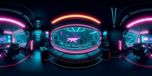 High-detailed cyberpunk inspired room, neon aesthetics, chaotic cityscape through window, glowing screens, scattered tech gadgets, holographic displays. Reflective surfaces magnifying light play, deep shadows contrast. Style: Ultra HD, detailed, VR360 cyberpunk immersive experience.