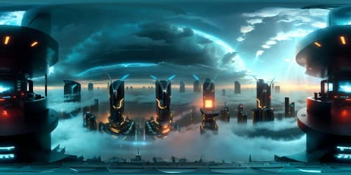 zenith-quality VR360 cyber cityscape, skyscraper edge, plush armchair outline. VR360 panorama, rain on glass, storm cloud vista. Single window, glossy bedroom floor, wet city-window framing distant forest, late dusk. Bladerunner-style mood, ring world's upward bend, mid prominence. Dim room lights. Additional cloud cover. Walls on three sides.