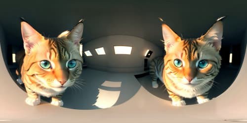 Ultra high-res VR360, anime style cat boys, soft fur details, expressive eyes, catlike movements. Masterpiece artistry, detailed lighting, complex shading. Unique, individualized character designs.