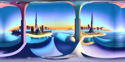 VR360 masterpiece, ultra high-res, Dubai's iconic skyline. Futuristic architecture, glowing skyscrapers, Burj Khalifa piercing infinite azure sky. Palm islands, shimmering Arabian sea. Persian Gulf horizon, sunset blush. Style: Photorealistic.