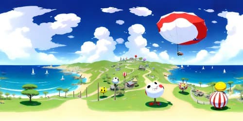 ultra high-res VR360, One Piece theme, masterpiece quality, pristine ocean views, grand pirate ships, scattered treasure chests, Straw Hat crew flag fluttering, iconic devil fruits, expansive sky filled with cotton candy-like clouds, fantasy art style