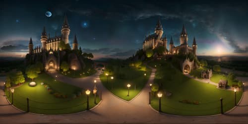 hogwarts castle grounds realistic with a starry sky and scottish banners