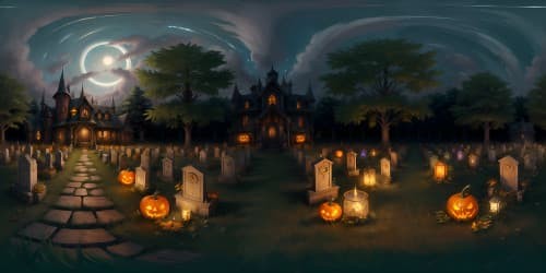 halloween graveyard at night with autumn leaves, pumpkins, scarecrows, skeletons, and jacko'lanterns viewed from the sky