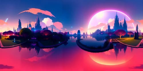 Ultra high-res VR360 masterpiece, midnight city skyline view from oceanfront. Neon-lit surrealism of Red light district, tranquil water mirror effects. Fantasy-style VR360 vista, luminescent ethereal sky. Grand unobstructed serene expanse.