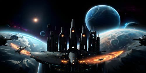 Superb quality, Startrek-inspired VR360 masterpiece. Ultra-high resolution, space station orbiting distant exoplanet. Alien star system, nebulae backdrop, intricate cosmological patterns. Shimmering space-fleet silhouette. Unique style blend: futuristic tech, 80s retro, anime aesthetics.