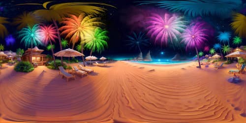 SUMMER NIGHT BEACH STARS MOON FIREWORKS WAVES PALM TREES