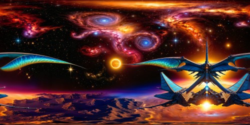 A breathtaking cosmic tapestry of swirling galaxies in brilliant hues and shimmering stars, showcasing the mesmerizing worlds of XEVIOUS and the Tower of Druaga, where the Dragonbuster's majestic dragon soars, under a canvas of darkness and mystical summonings from the ethereal beauty of Bahamut, all in flawless ultra-high resolution.