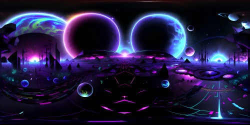 Masterpiece quality VR360, ultra high-res, chilling eerie dimension, vibrant planets in the distance. Dark abyss, cosmic anomalies, neon hues, VR360 otherworldly celestial bodies, strange space phenomena. Pixar-style glow, stark contrast against inky void.